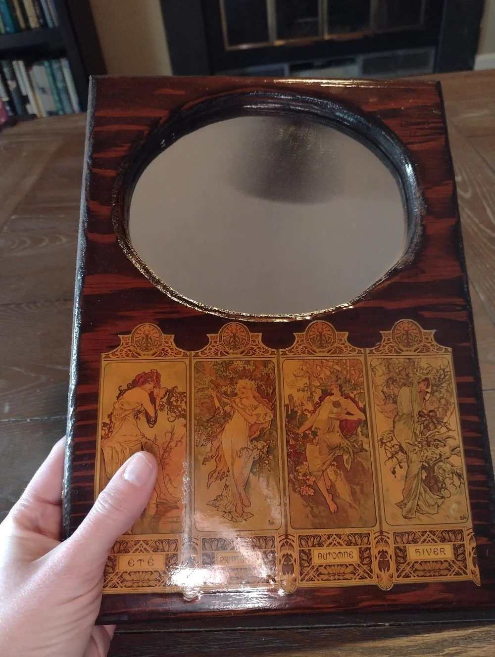Vintage Art Nouveau Wooden Mirror with Four Seasons Panels, Handmade - Picture 9 of 11
